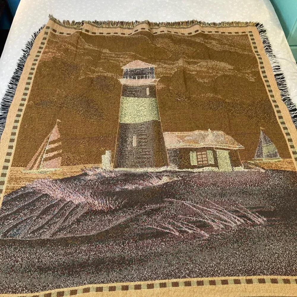 Vintage Woven Cotton Throw Blanket‎ Lighthouse Island 44 x 60